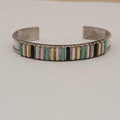 RARE VINTAGE LS ZUNI SIGNED STERLING SILVER GEMSTONES 7IN CUFF
