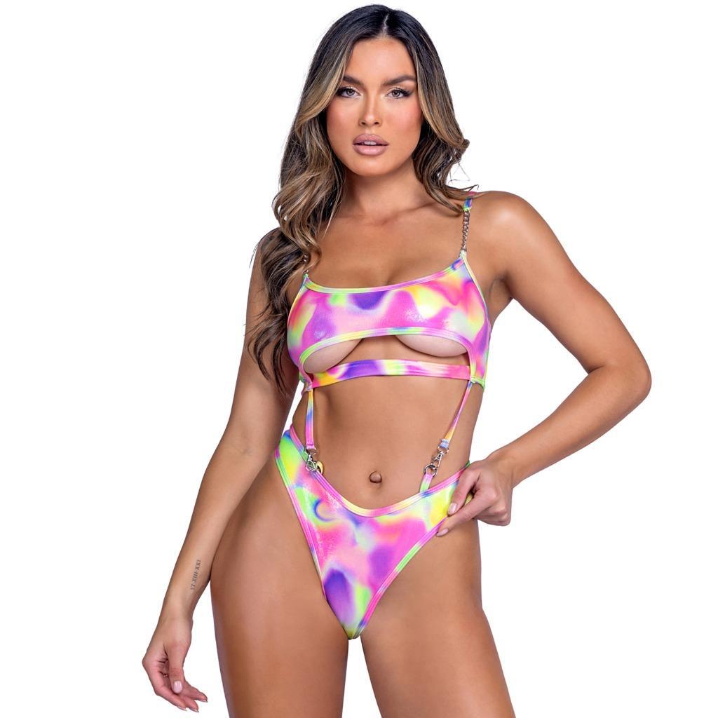 Shimmer Romper Chain Straps Underboob Cut Out Detachable Bottom Rainbow 6470-image