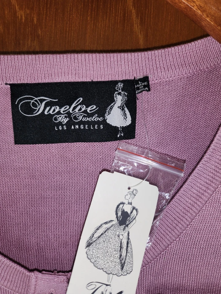 TWELVE BY TWELVE Los Angeles Cute Pink Sweater Large Lace Button Up NWT Barbie - Image 2 of 4