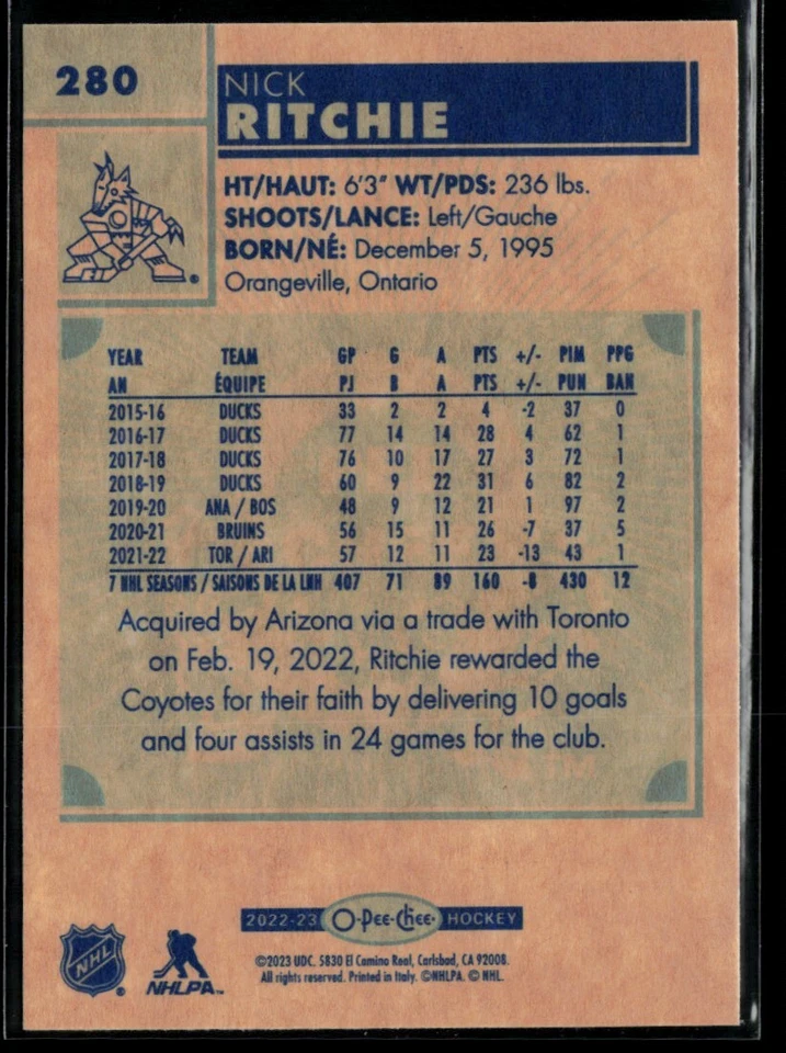 2022-23 O-Pee-Chee Retro Nick Ritchie #280 - Image 2 of 2