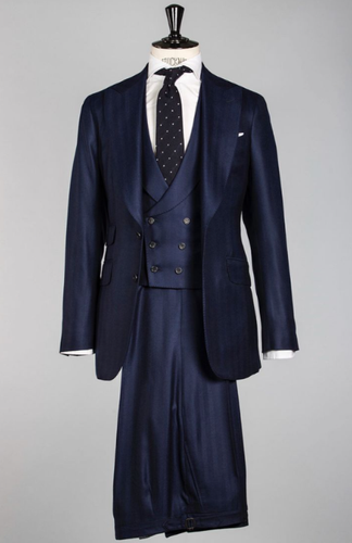 Tuta uomo blu navy pizzo risvolto formale business matrimonio sposo smoking tre pezzi - Foto 4 di 18
