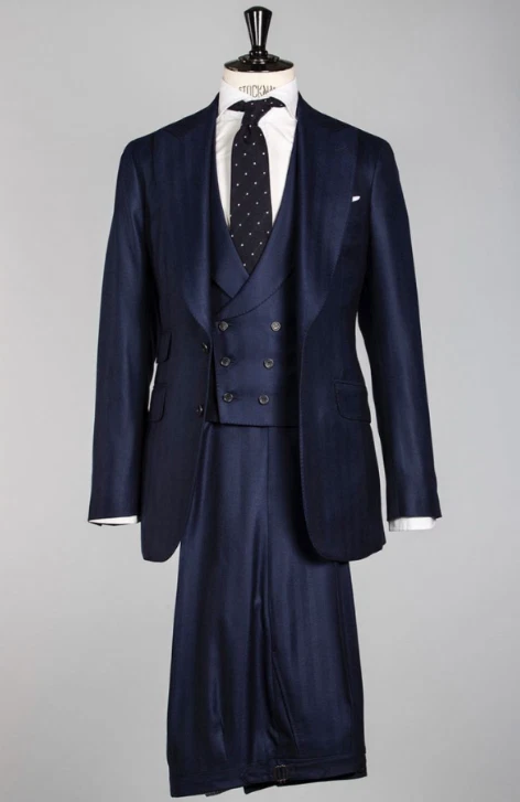 Traje de hombre azul marino solapa pico formal negocios boda novio esmoquin tres piezas Foto 4 de 4