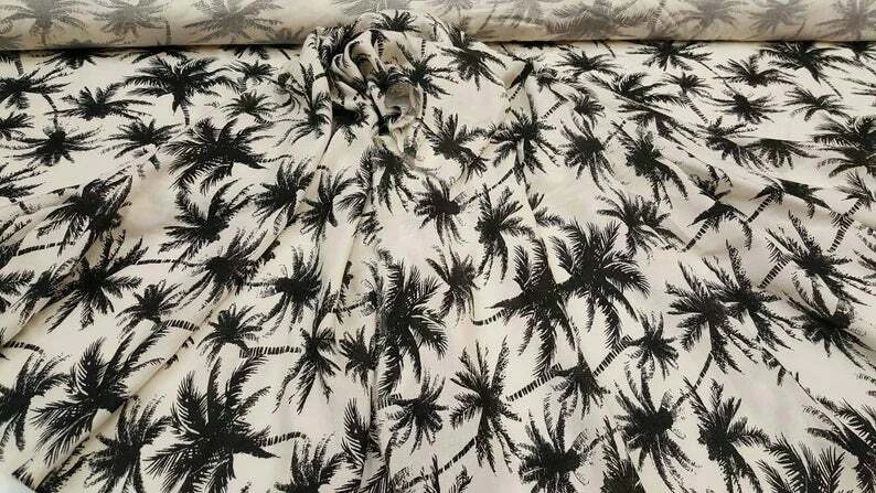 100% Rayon chally with off white background and black palm trees By Yard - Image 2 of 4