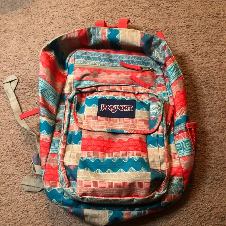 Vintage JanSport Womans/Girls Backpack Blue Pink Orange White Geometric Vintage JanSport Womans/Girls Backpack Blue Pink Orange White Geometric