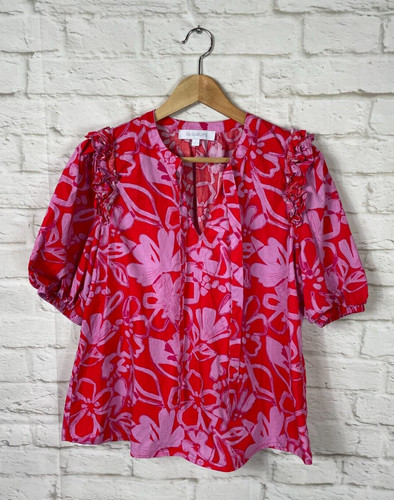 Sugarlips Womens Red Pink Floral Puff Sleeve Top Size Small