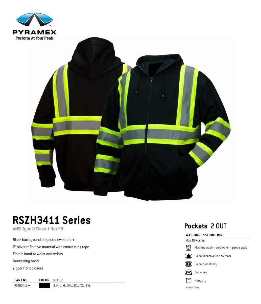 BLACK HI VIS ANSI REFLECTIVE WORK SAFETY ZIP UP HOODED FLEECE