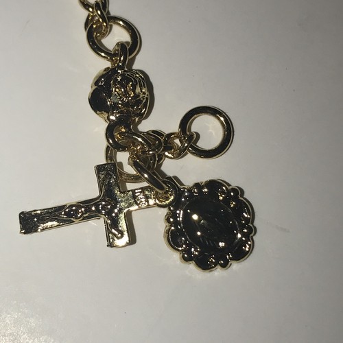 Gold Tone Rose Bead Rosary Virgin Mary Medal Crucifix Bracelet 7.75 Inch - Picture 2 of 7