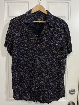 Lee Men s XL Navy Blue Leaf Print Shirt Viscose Button Up Short Sleeve Casual