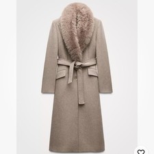 ZARA WOOL COAT WITH FAUX FUR LAPEL COLLAR MINK FW24/25 SIZE M REF 9225/147