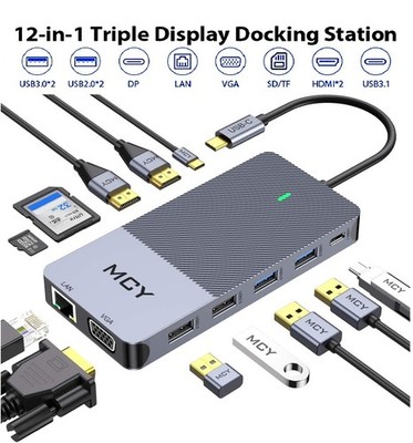 12-Port Docking Station USB-C Hub /4K-HDMI/USB 2.0/USB 3.0/USB 3.1/VGA/SD/TF NEW