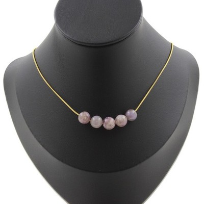Halskette 5 Perlen Glimmer Violett Aus Tansania 8 Mm. Kette Stahl Golden Fem