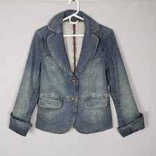 Collared Double Button Jean Blazer Jacket Rolled Sleeve Tailored Denim Chic