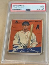 1934 GOUDEY #11 PAUL WANER PSA GOOD 2 PITTSBURGH PIRATES BASEBALL CARD.