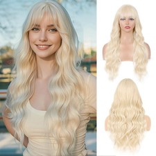 Blonde Wig with Bangs Long Wavy Curly Synthetic Heat-Resistant Wig for Women ...
