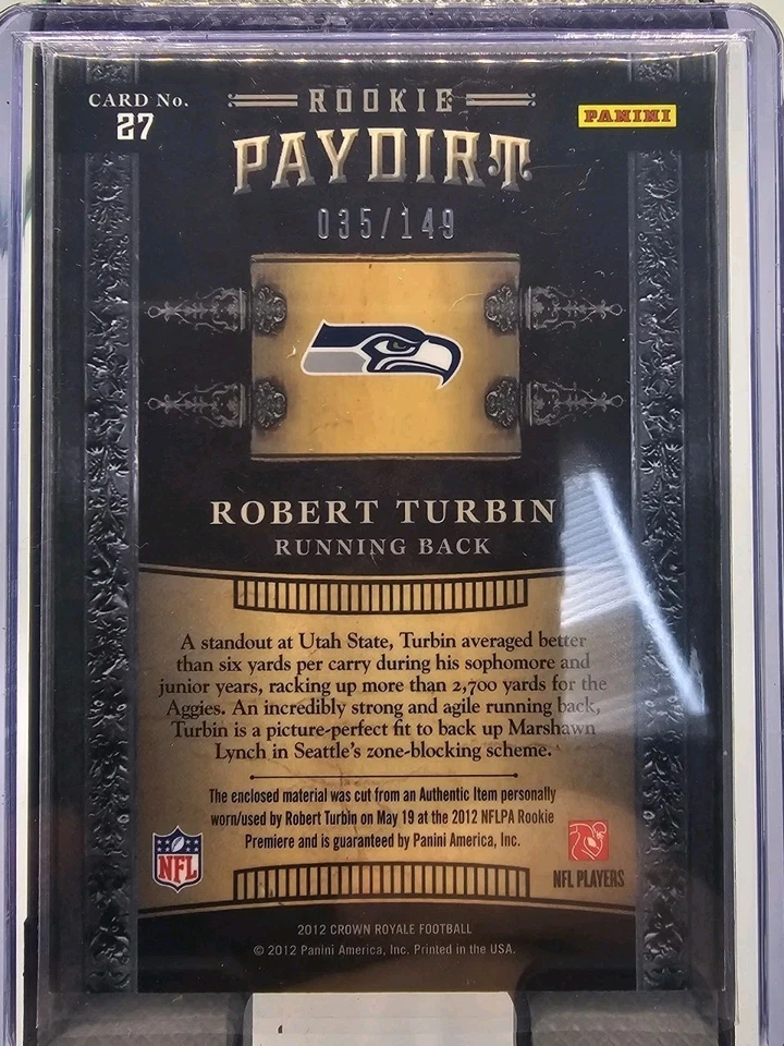 2012 Panini Crown Royale #27 Robert Turbin Rookie Paydirt Materials #/149  - Image 2 of 2