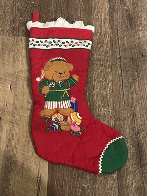 Vintage 1980 s Christmas Stocking  Lucy Rigg Teddy Bear Quilted Reversible 