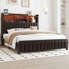 Storage Metal Bed Frame Full Queen with PU Leather Headboard and LED Lights