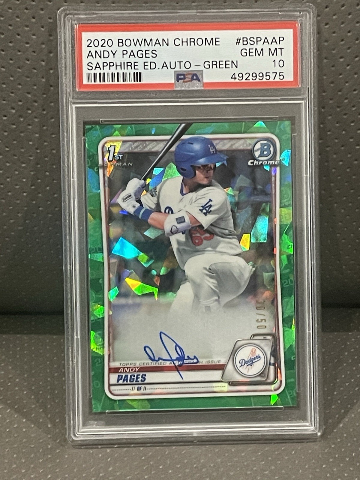 2020 BOWMAN CHROME GREEN SAPPHIRE #BSPAAP ANDY PAGES #30/50 PSA 10 AUTO POP 12