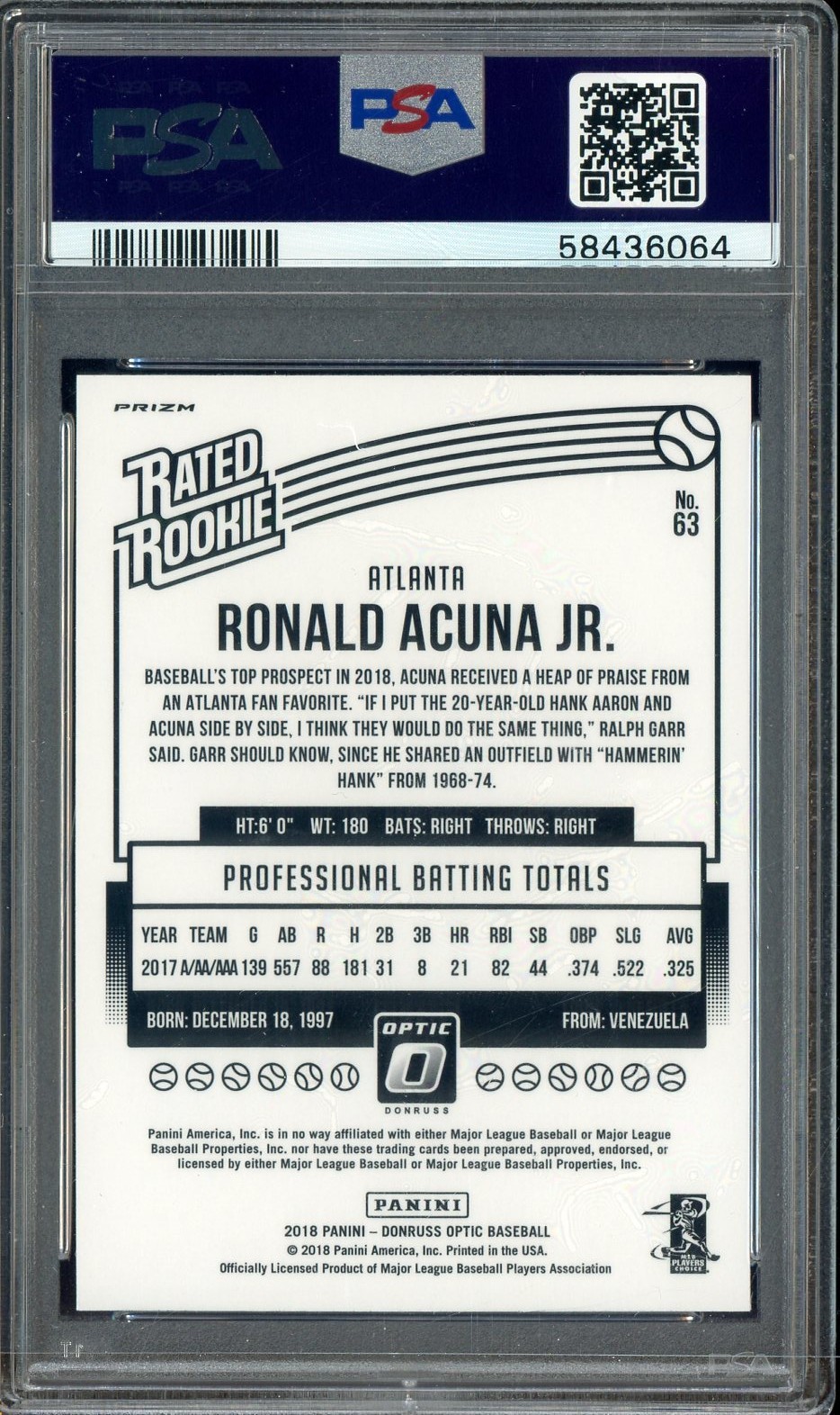 2018 Donruss Optic Holo #63 Ronald Acuna Jr RC Rated Rookie PSA 10 GEM MINT view 2