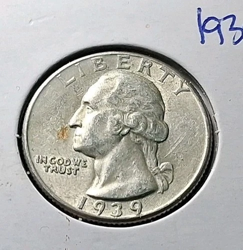 SILVER WASHINGTON QUARTER, 1939-P, AU CONDITION, BEAUTY EARLY QUARTER, FREE SHIP