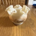Fenton Hand Painted Custard Glass Ruffled Vase -Winter Barn Scene Sign  A Lasley