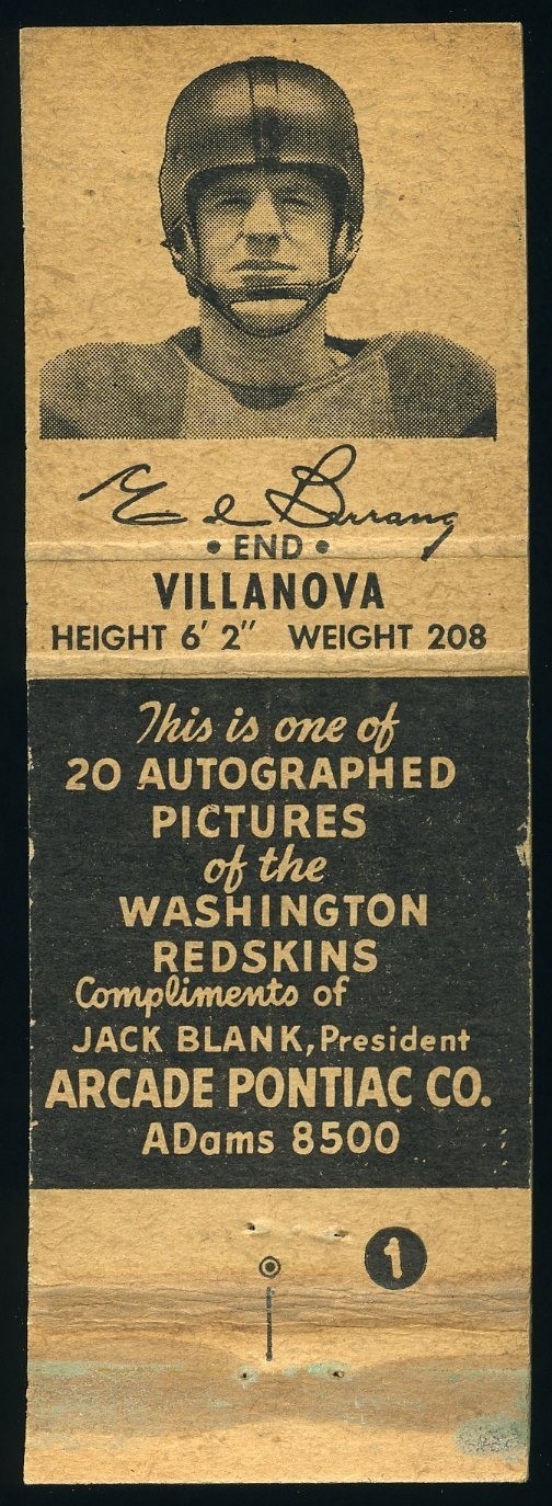 1951-52 Universal Arcade Pontiac Redskins Football Matchbook Ed Berrang *d7