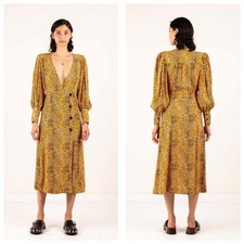 Ganni Leopard Print Plunge Midi Dress Crepe Yellow Animal Print Long Sleeve 