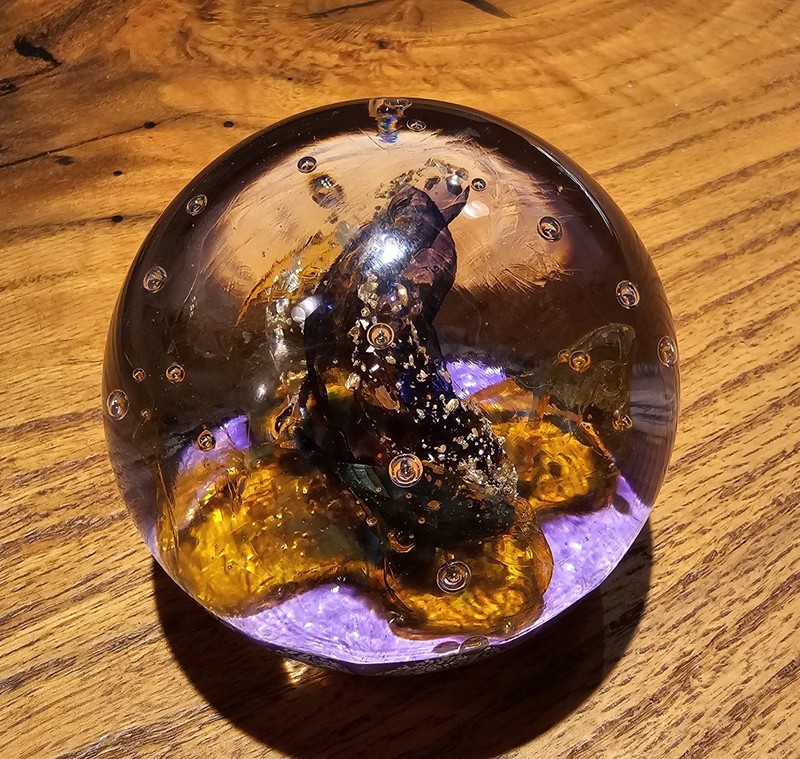 Vintage Selkirk Glass Paperweight Scotland Has Tag Sticker Purple And Gold