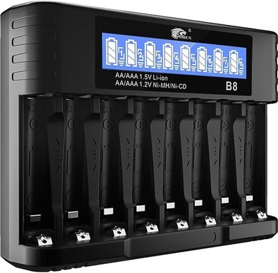 AA AAA Akku Ladegerät 8-fach LCD Display USB-C Schnellladegerät für NiMH NiCd Li