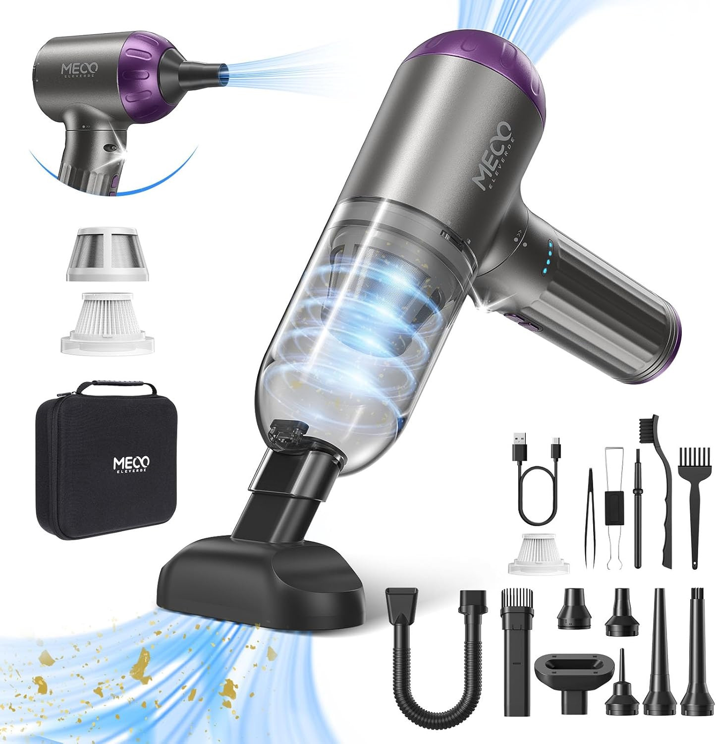 MECO ELEVERDE 4-In-1 Auto Staubsauger Stark, 18Kpa Mini Handstaubsauger Akku Kab