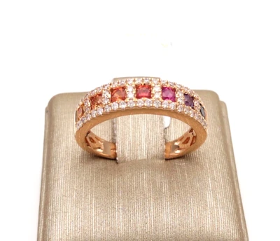 Anillo De Oro Rosa 18 CT 750 Con Zafiros Multicolor Y Diamantes Hecho En Italia - Imagen 1 de 4