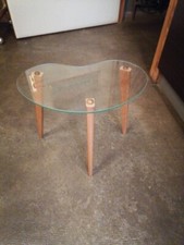 Petite Table D Appoint Verre Pied Bois Compas  1950 60 Forme Haricot 