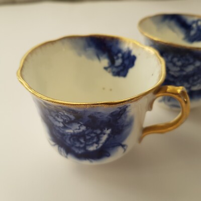 Keramik Teetassen Paar Nelke Blume blau weiß vergoldet Vintage Englisch 1937