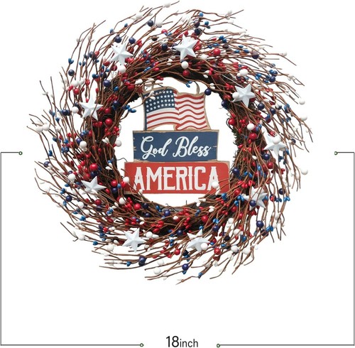 Idyllic 18Inch 4th of July Patriotic Day Wreath Red Blue White Berry Wreath with - 第 3/7 張圖片