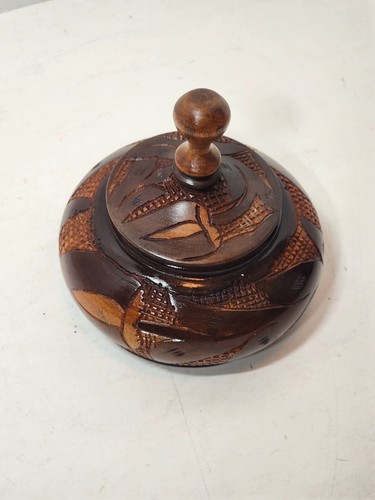 Vintage Carved Wood Trinket Bowl Dish Box Jar with Lid Handmade Turned. Haiti - Picture 5 of 8