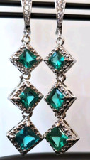 925 Silver Sparkly Simulated Emerald Drop Earrings, Prom