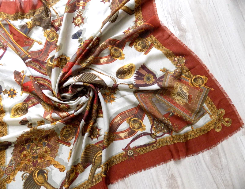 CODELLO Vintage Hermoso Mantón Grande/Bufanda Lana/Seda Impreso a Mano Italia Foto 2 de 4