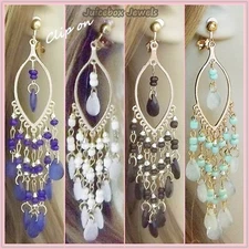 CLIP ON 4" Chandelier Teardrop Dangle Non-Pierced Long Earrings 1 Pair