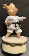 Karate Pig Hinged Trinket Treasure Box - w/ tiny Karate figure inside - New