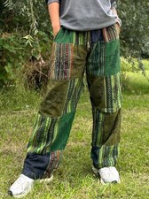 Grüne Hippie Unisex Festival Patchwork Hose | Baumwolle Unisex Haremshose