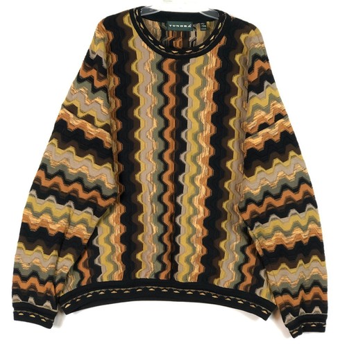 Vintage Tundra Canada 3D Knit Sweater Mens 2XL Textured Chunky Brown Gold Black