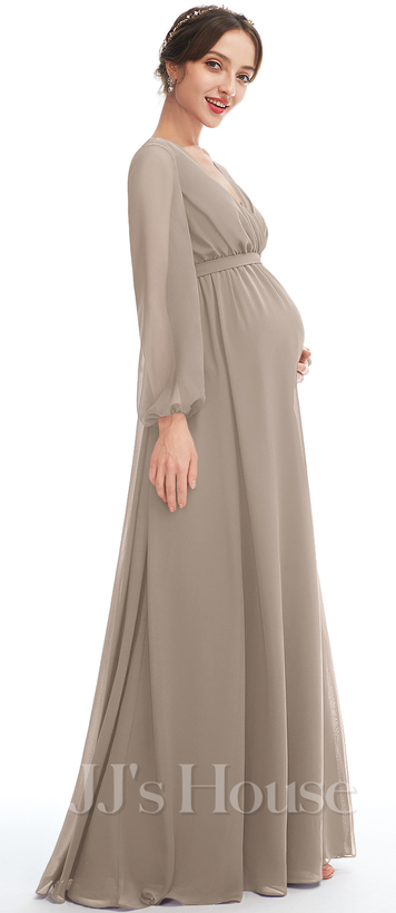 JJ's House Maternity Taupe A-line V-Neck Chiffon Bridesmaid Dress