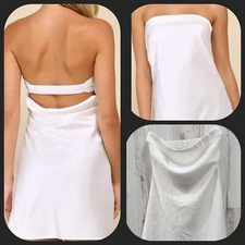 LULUS Exquisite Approach White Satin Strapless Cowl Back Mini Dress Size SMALL
