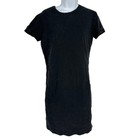Black linen short sleeve shift dress size 6 with a round neckline, displayed on a mannequin against a plain gray background.