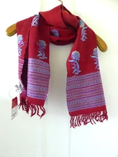 New Brick Red Wool Crewel Embroidered Lightweight Scarf 12x66" w gift bag