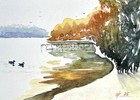 Original Watercolor Painting ducks on an autumn lake trees sunrise Reflection