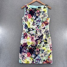 Tahari Dress Womens 10 Teal Multi Floral Sheath Above Knee Sleeveless Boat Neck
