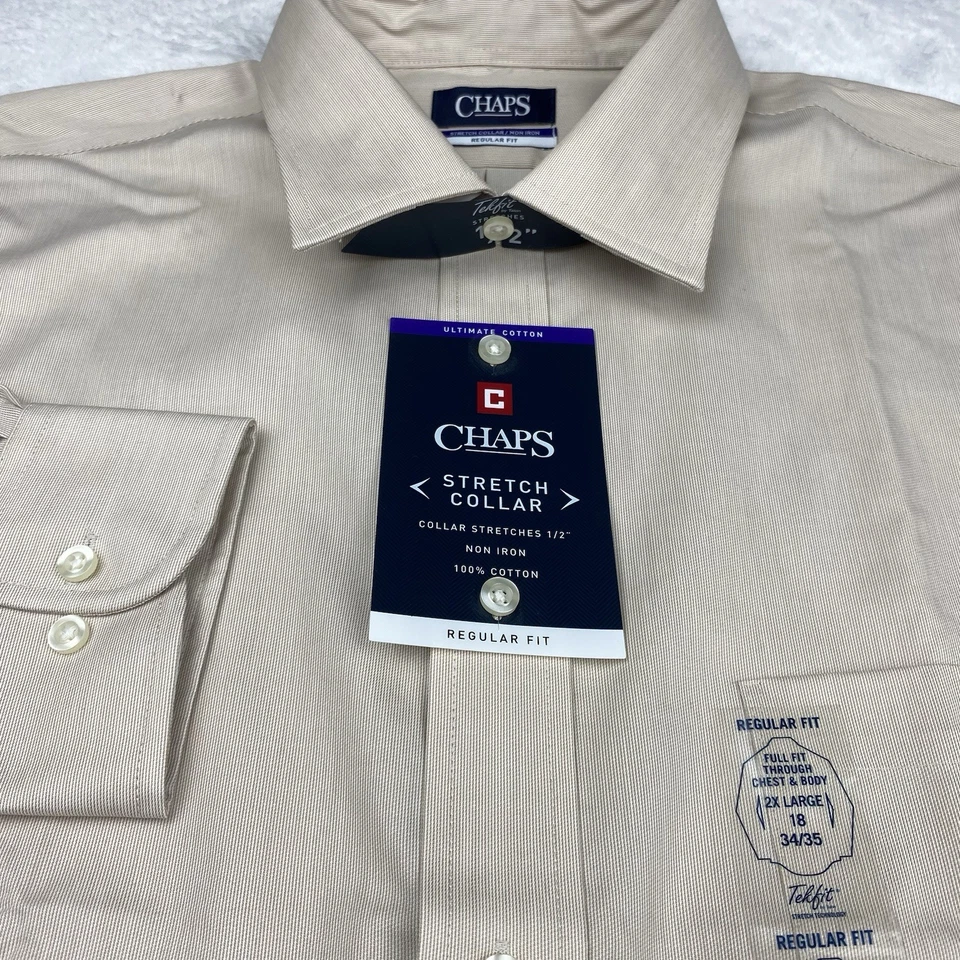 Camisa de vestir Chaps para hombre 18 34/35 beige ajuste regular cuello elástico sin plancha nueva con etiquetas Foto 4 de 4