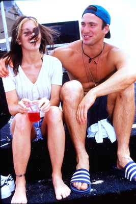 NICOLE EGGERT, ERIC NIES, MODEL-CELEB BEACH GAME, 1994, 35mm Slide