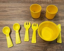 Vintage Fisher Price Fun With Food Yellow Lot Cups Bowl Forks Knives Spoons